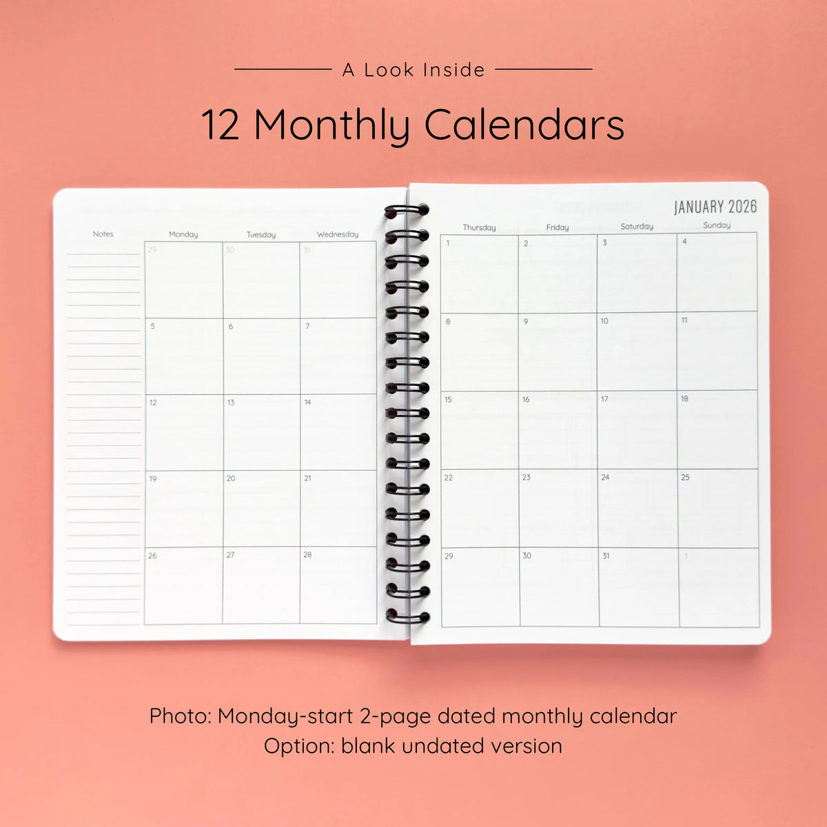 Open spiral-bound softcover reading journal notebook showing monthly calendar pages on a peach background