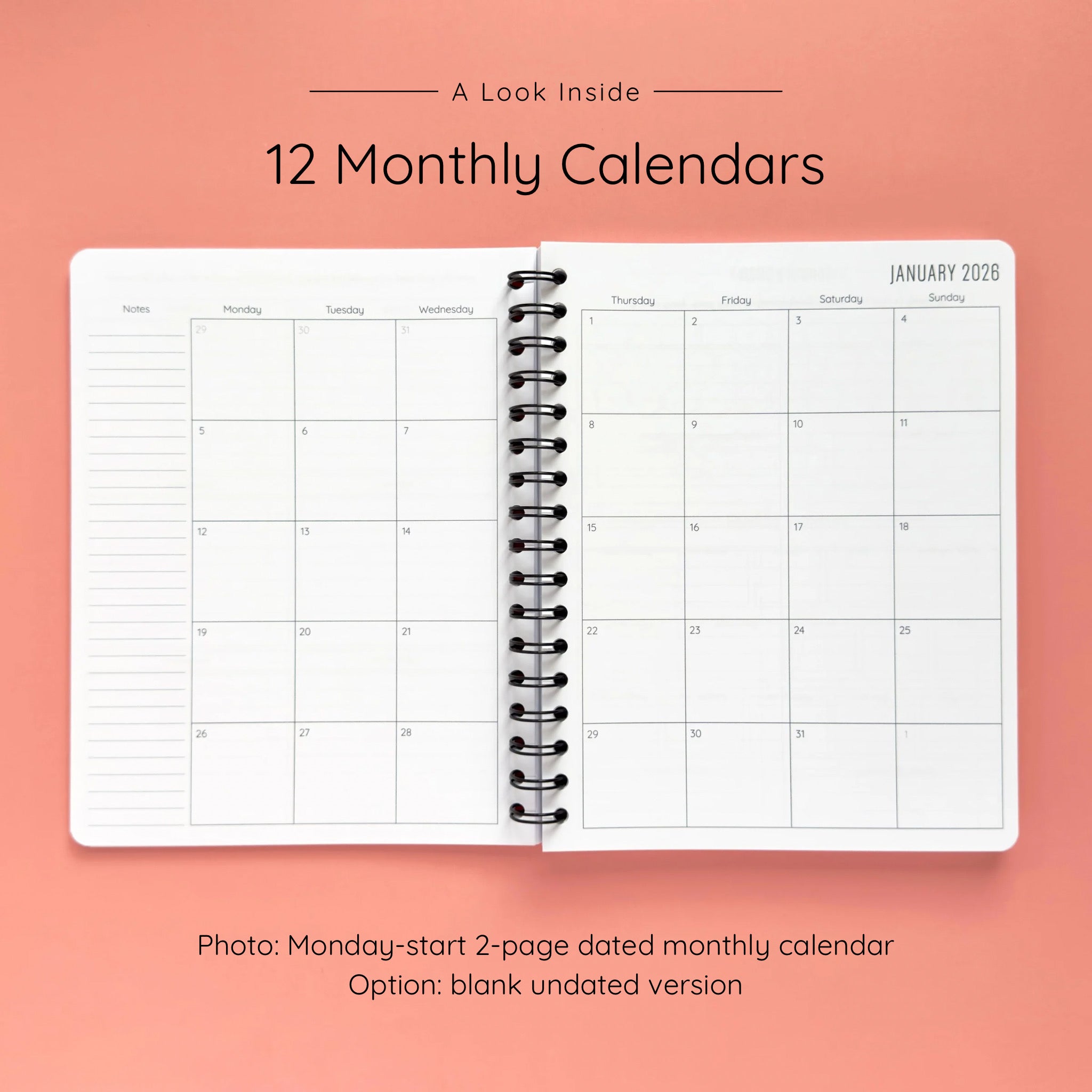 Open spiral-bound softcover reading journal notebook showing monthly calendar pages on a peach background
