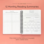 Open spiral-bound softcover reading journal notebook showing monthly reading summary pages on a peach background
