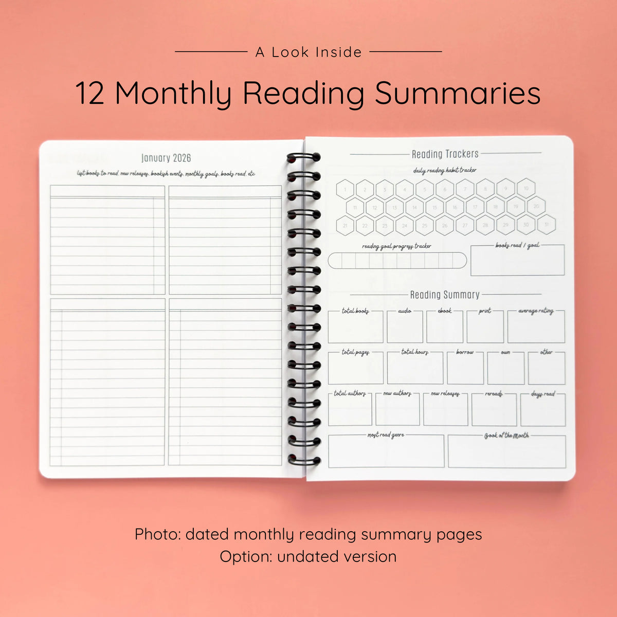 Open spiral-bound softcover reading journal notebook showing monthly reading summary pages on a peach background