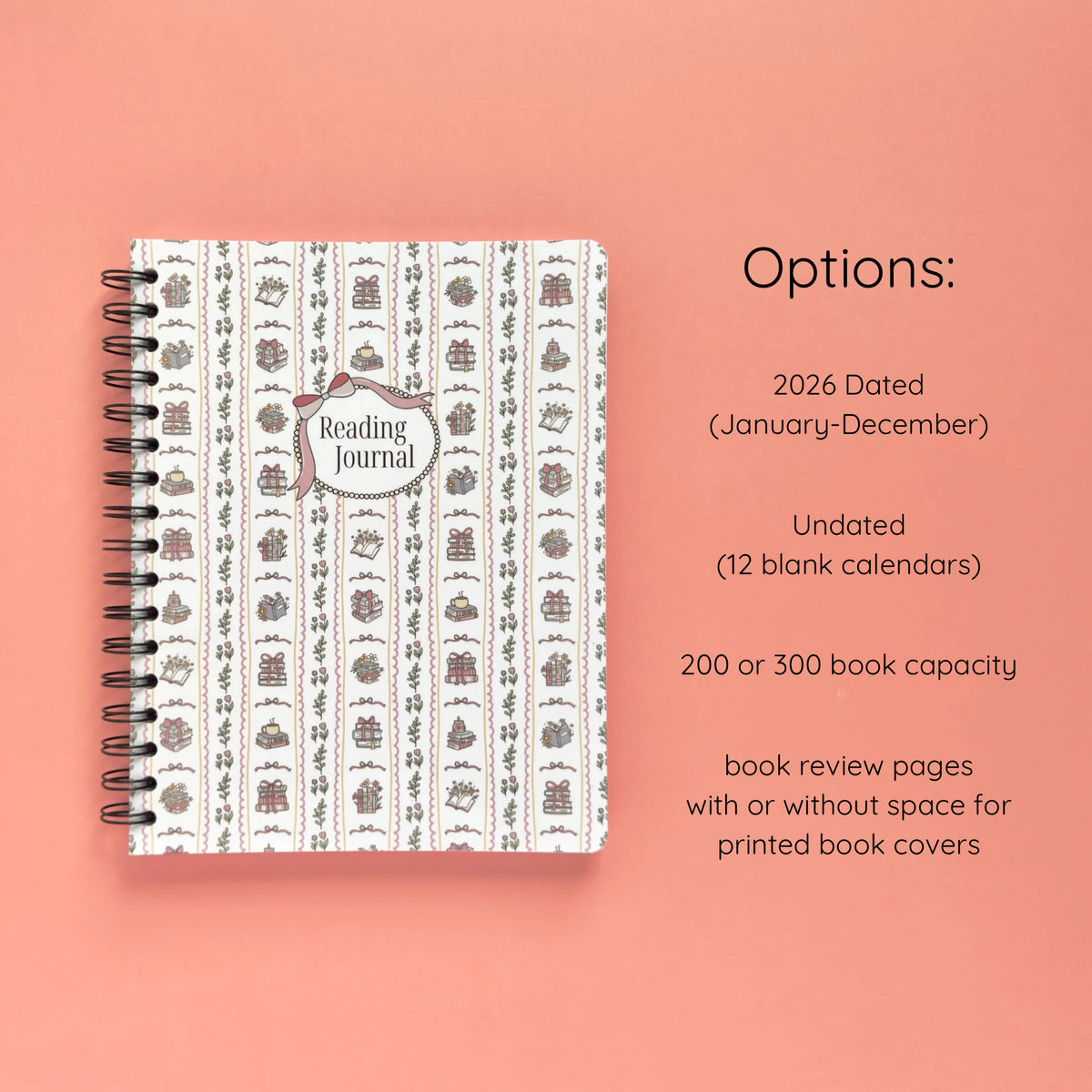 Spiral-bound softcover reading journal notebook with books and bows coquette cover design and variant option details on a peach background