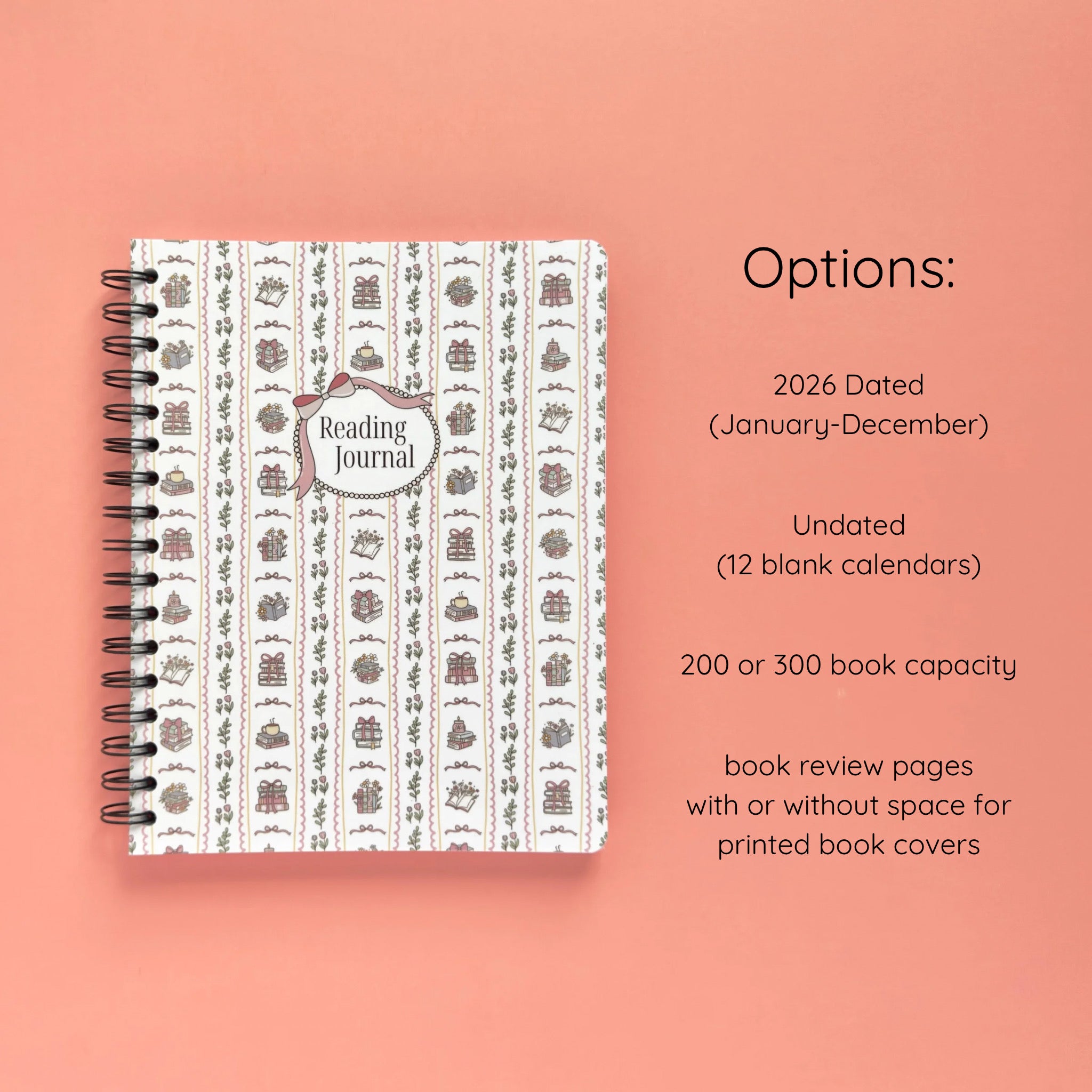 Spiral-bound softcover reading journal notebook with books and bows coquette cover design and variant option details on a peach background