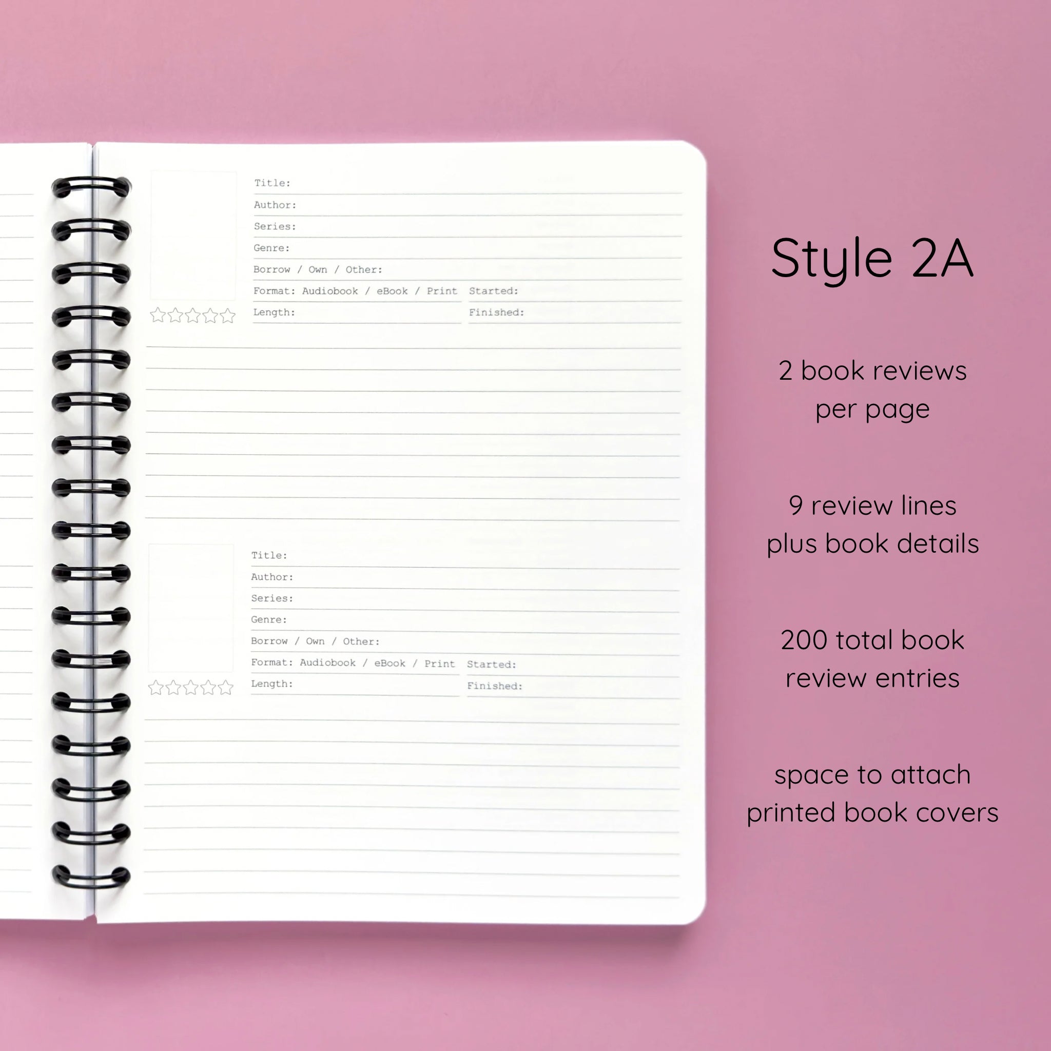 Open spiral-bound softcover reading journal notebook showing review template option Style 2A featuring two book reviews per page and nine review lines plus book details per review with space to attach printed book covers, displayed on a lavender background