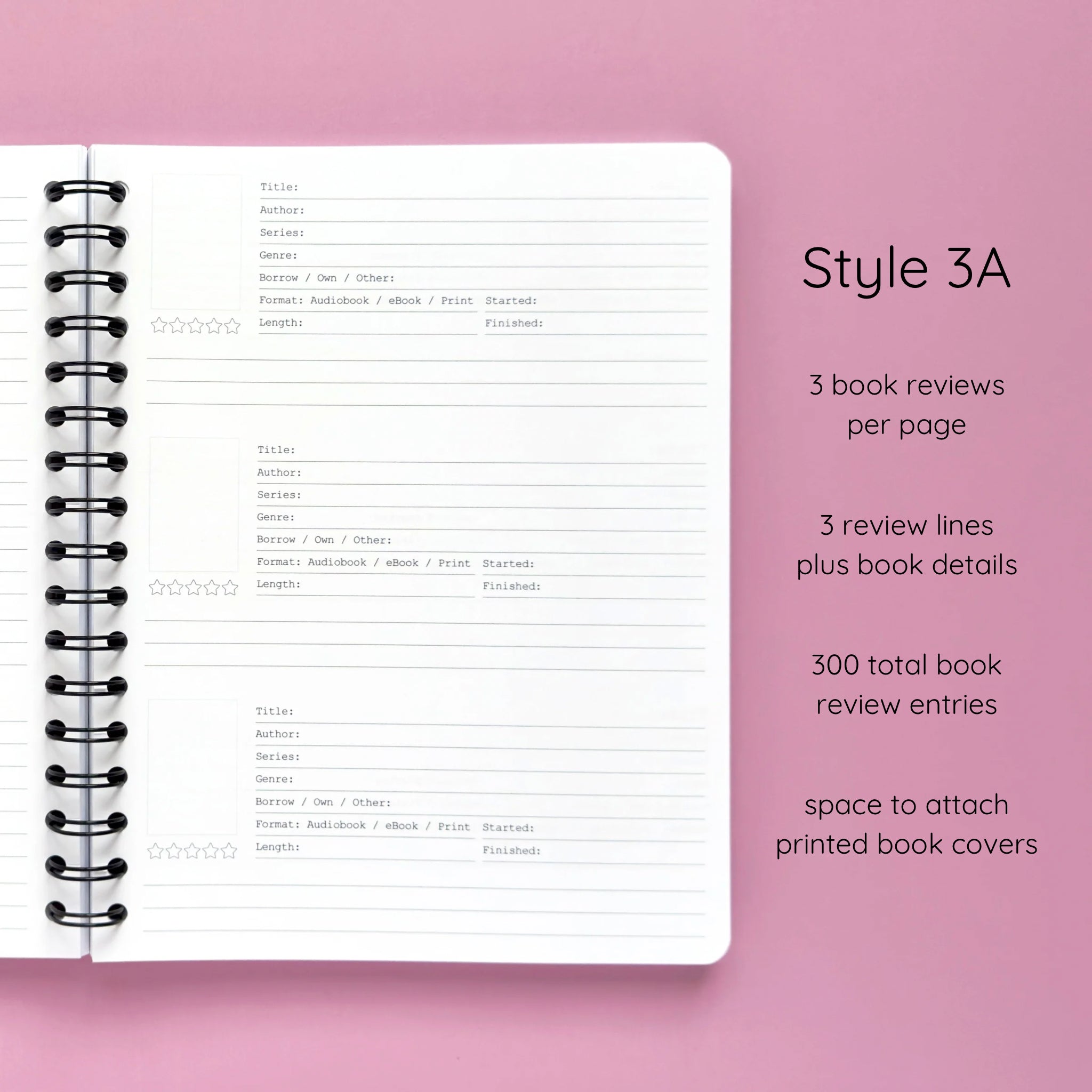 Open spiral-bound softcover reading journal notebook showing review template option Style 3A featuring three book reviews per page and three review lines plus book details per review with space to attach printed book covers, displayed on a lavender background