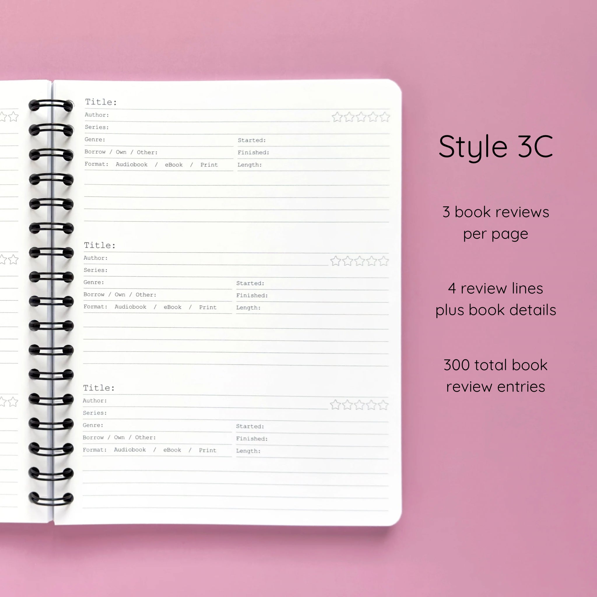 Open spiral-bound softcover reading journal notebook showing review template option Style 3C featuring three book reviews per page and four review lines plus book details per review, displayed on a lavender background