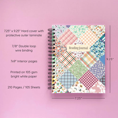 Spiral-bound hardcover reading journal notebook with floral patchwork cover design on a lavender background, featuring details and dimensions