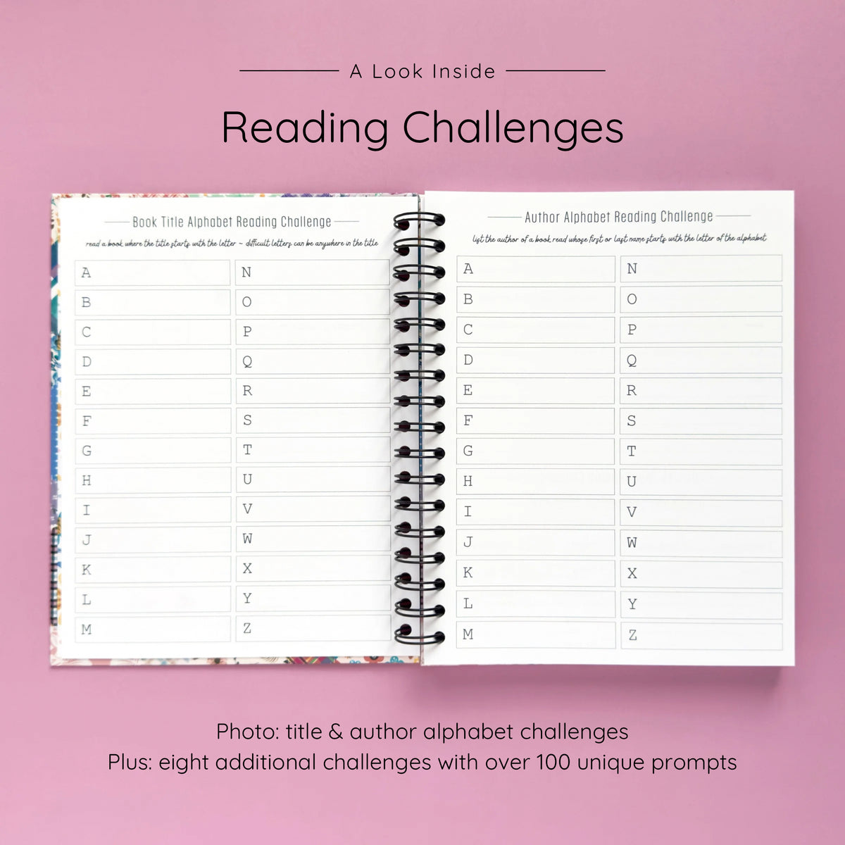 Open spiral-bound hardcover reading journal notebook showing alphabet reading challenges on a lavender background