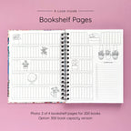 Open spiral-bound hardcover reading journal notebook showing bookshelf pages design on a lavender background