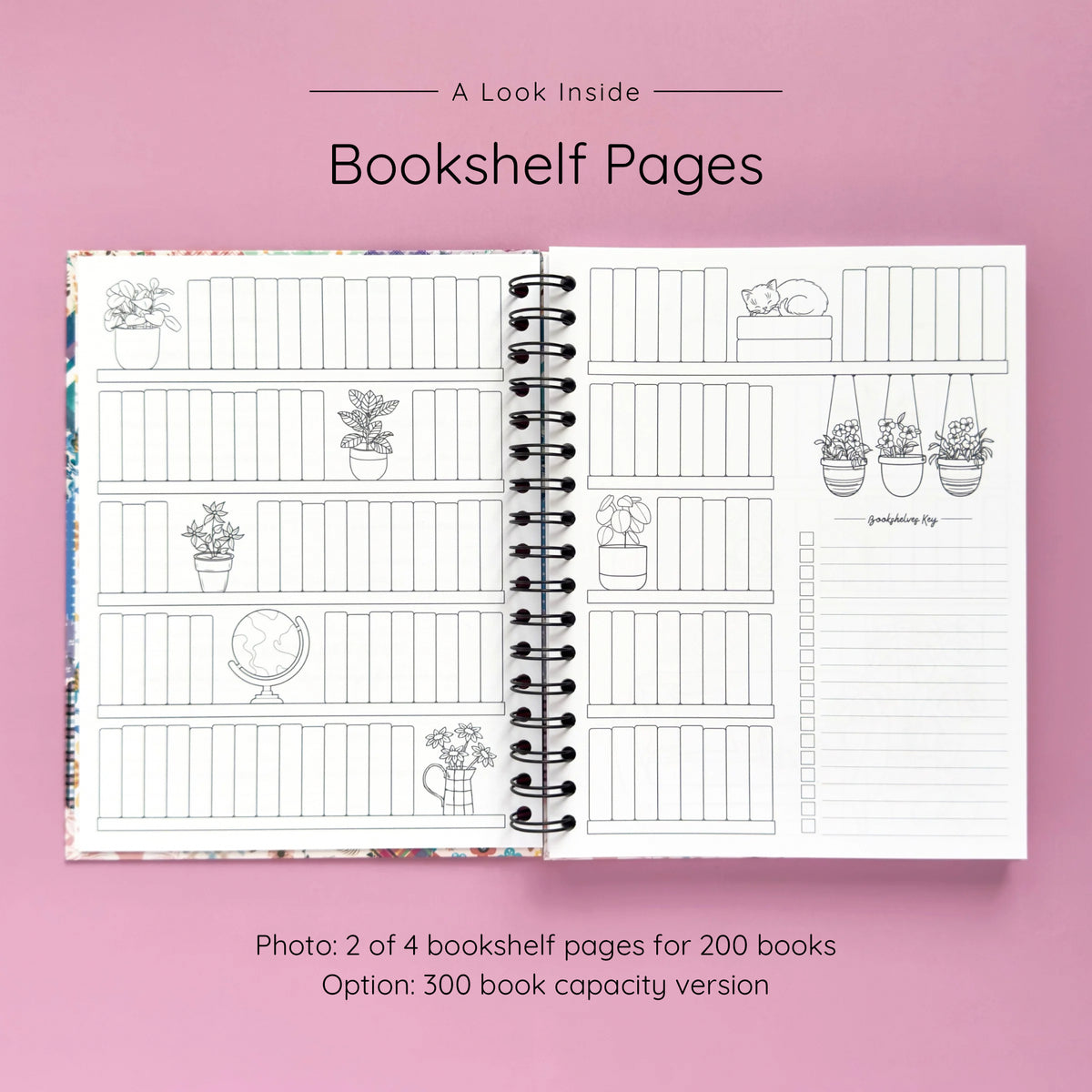 Open spiral-bound hardcover reading journal notebook showing bookshelf pages design on a lavender background