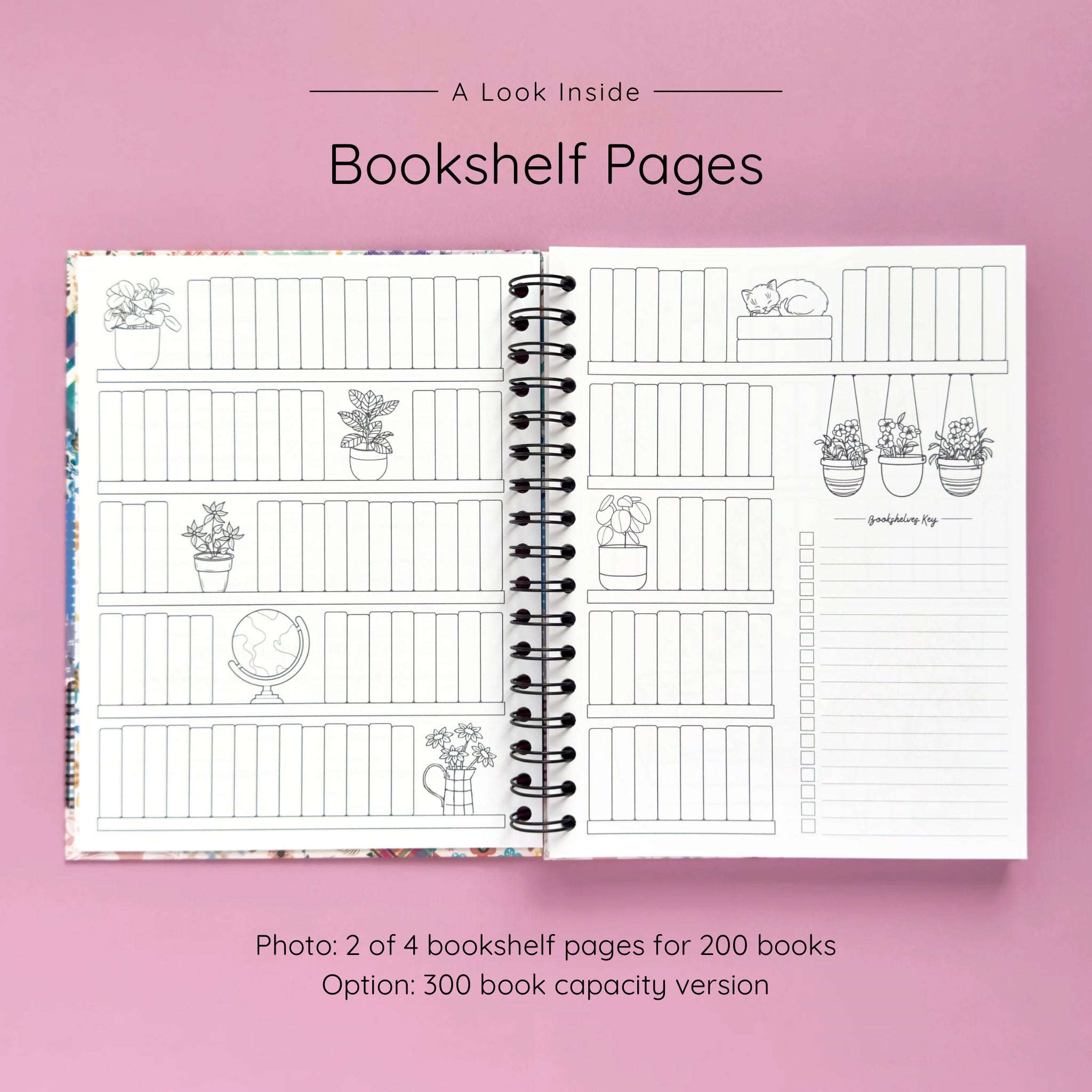 Open spiral-bound hardcover reading journal notebook showing bookshelf pages design on a lavender background