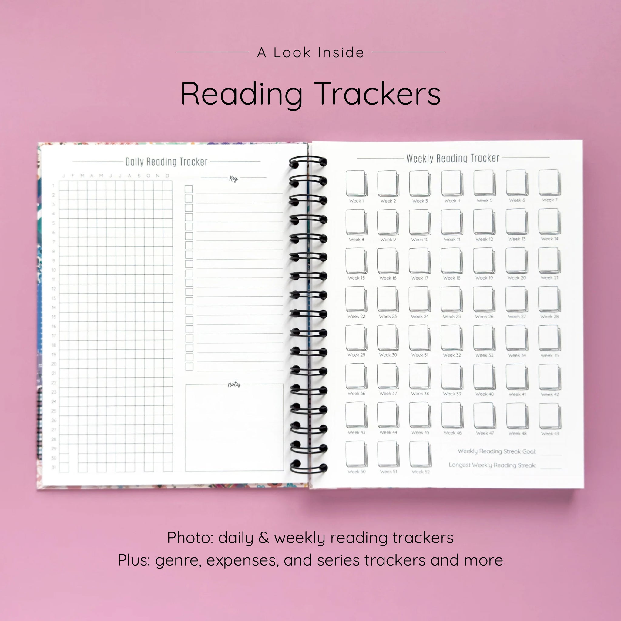 Open spiral-bound hardcover reading journal notebook showing daily and weekly reading trackers on a lavender background