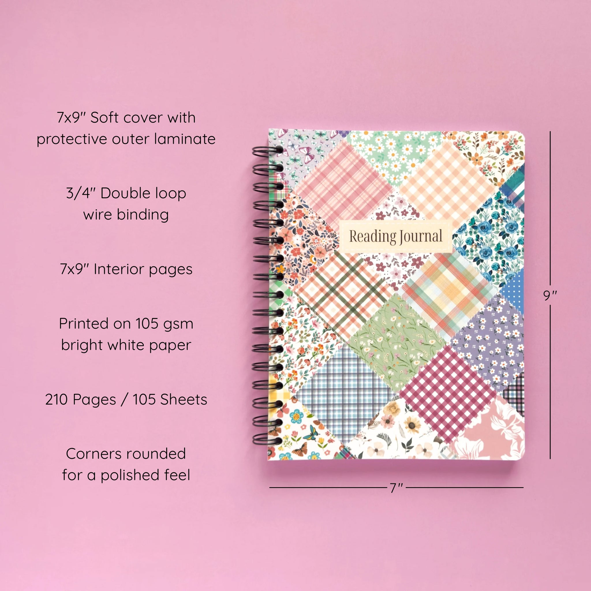 Spiral-bound softcover reading journal notebook with floral patchwork cover design on a lavender background, featuring product details and dimensions