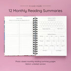 Open spiral-bound hardcover reading journal notebook showing monthly reading summary pages on a lavender background