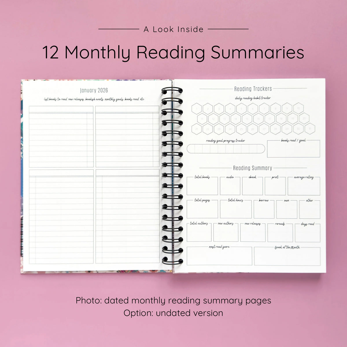 Open spiral-bound hardcover reading journal notebook showing monthly reading summary pages on a lavender background