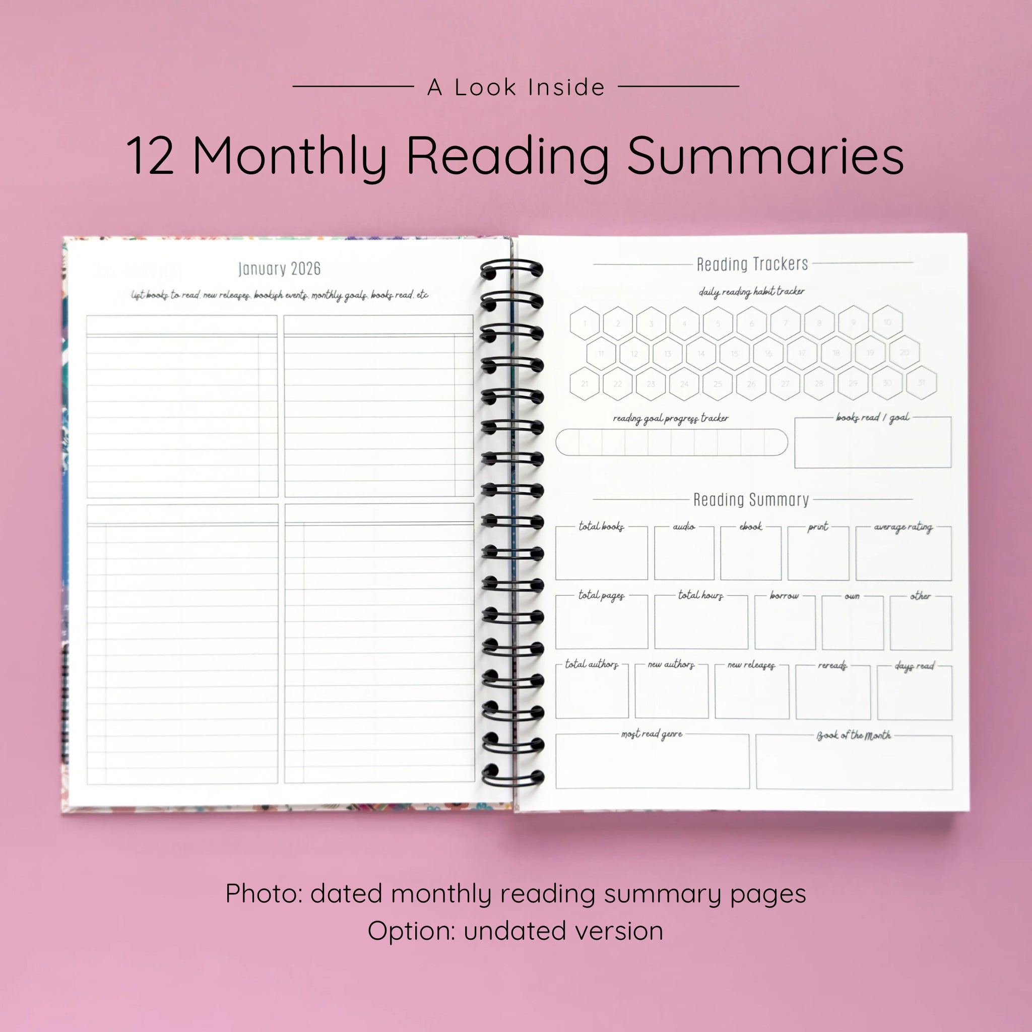 Open spiral-bound hardcover reading journal notebook showing monthly reading summary pages on a lavender background