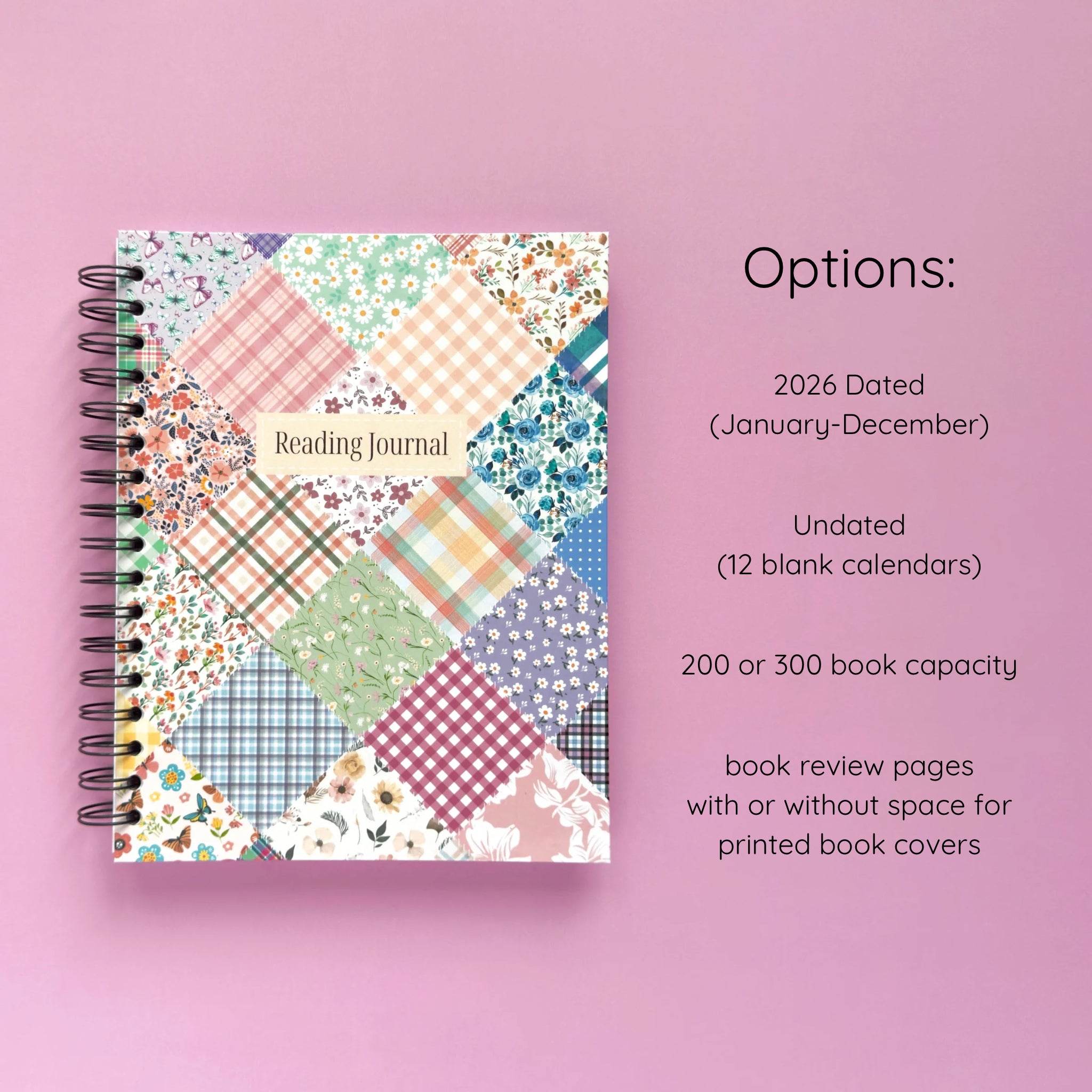 Spiral-bound hardcover reading journal notebook with floral patchwork cover design and variant option details on a lavender background