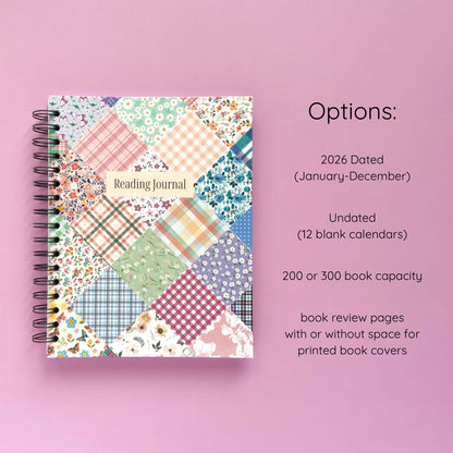 Spiral-bound hardcover reading journal notebook with floral patchwork cover design and variant option details on a lavender background