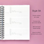 Open spiral-bound hardcover reading journal notebook showing review template option Style 3A featuring three book reviews per page and three review lines plus book details per review with space to attach printed book covers, displayed on a lavender background