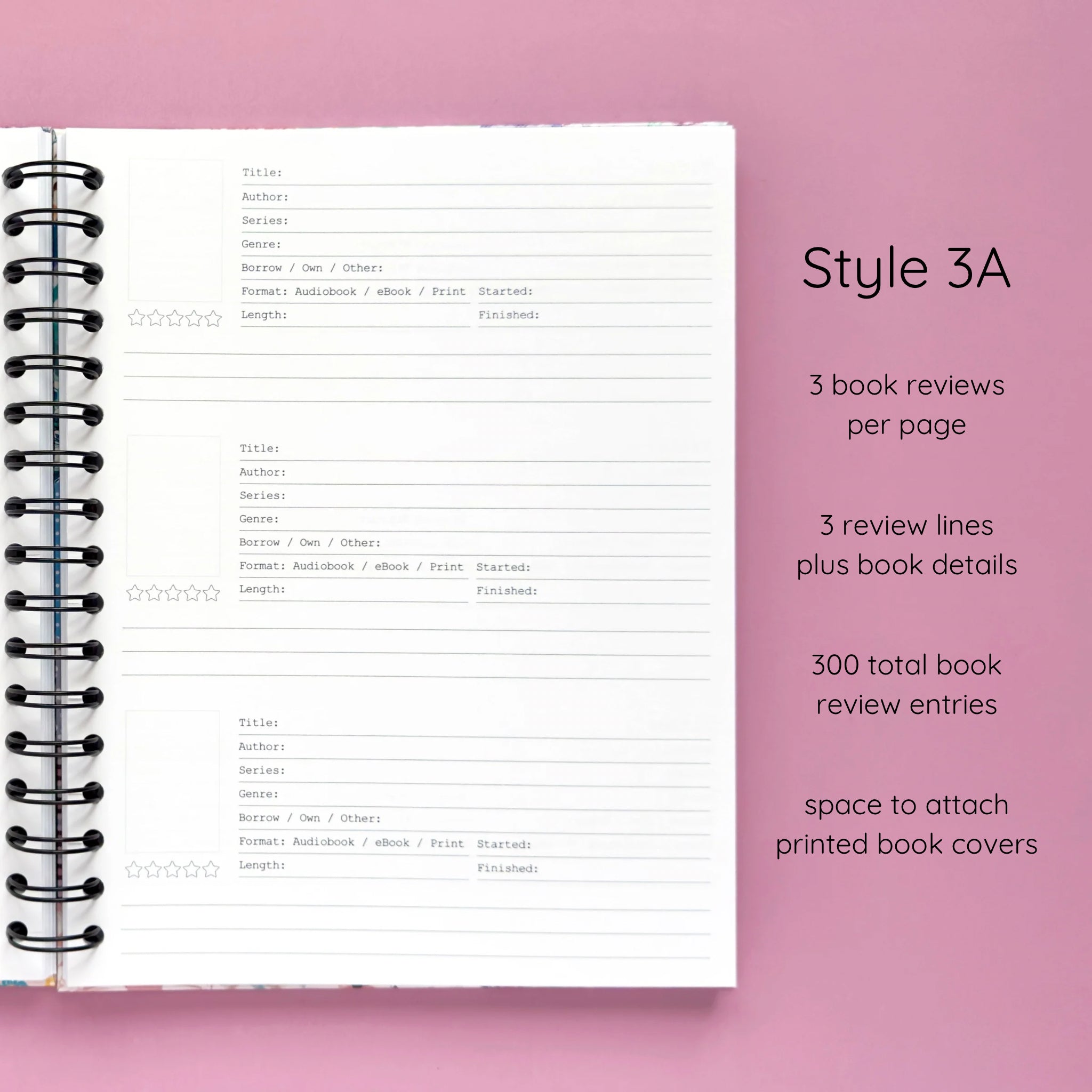 Open spiral-bound hardcover reading journal notebook showing review template option Style 3A featuring three book reviews per page and three review lines plus book details per review with space to attach printed book covers, displayed on a lavender background