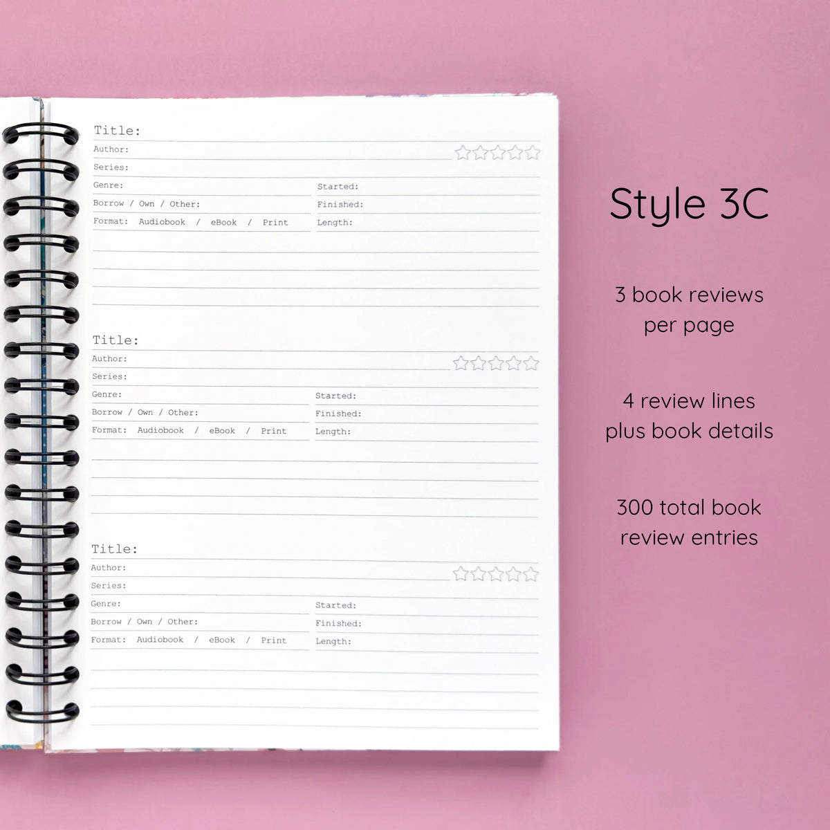Open spiral-bound hardcover reading journal notebook showing review template option Style 3C featuring three book reviews per page and four review lines plus book details per review, displayed on a lavender background