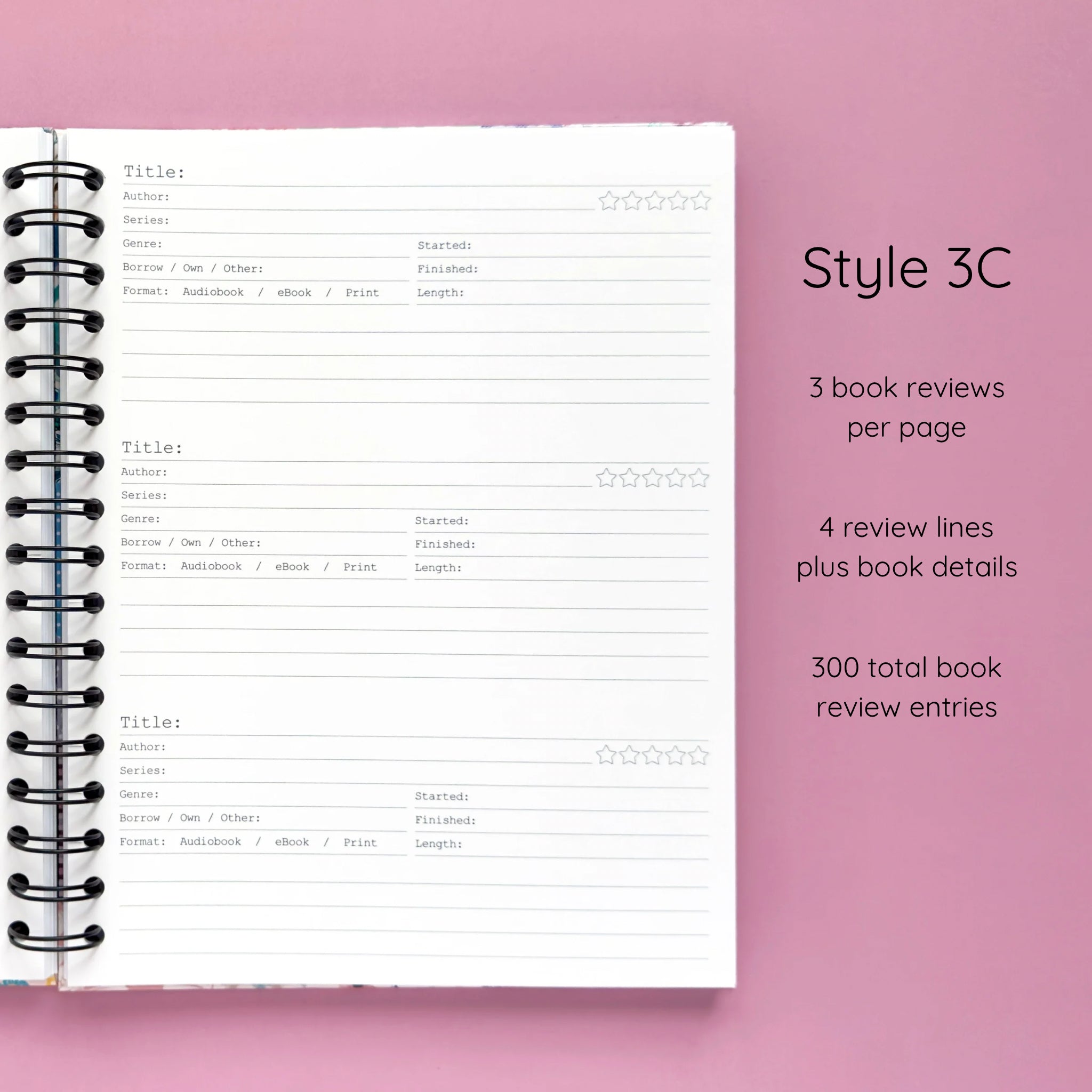 Open spiral-bound hardcover reading journal notebook showing review template option Style 3C featuring three book reviews per page and four review lines plus book details per review, displayed on a lavender background