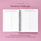 Open spiral-bound softcover reading journal notebook showing alphabet reading challenges on a lavender background
