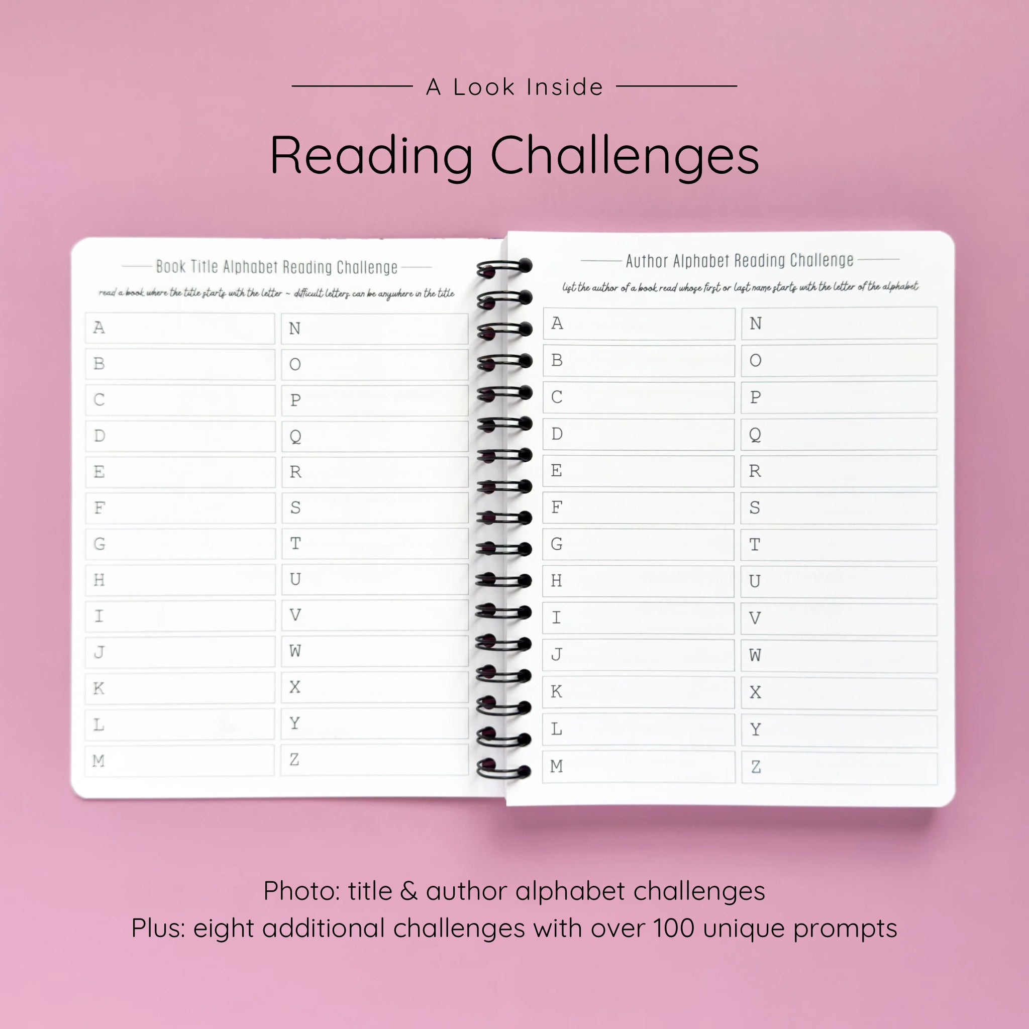 Open spiral-bound softcover reading journal notebook showing alphabet reading challenges on a lavender background