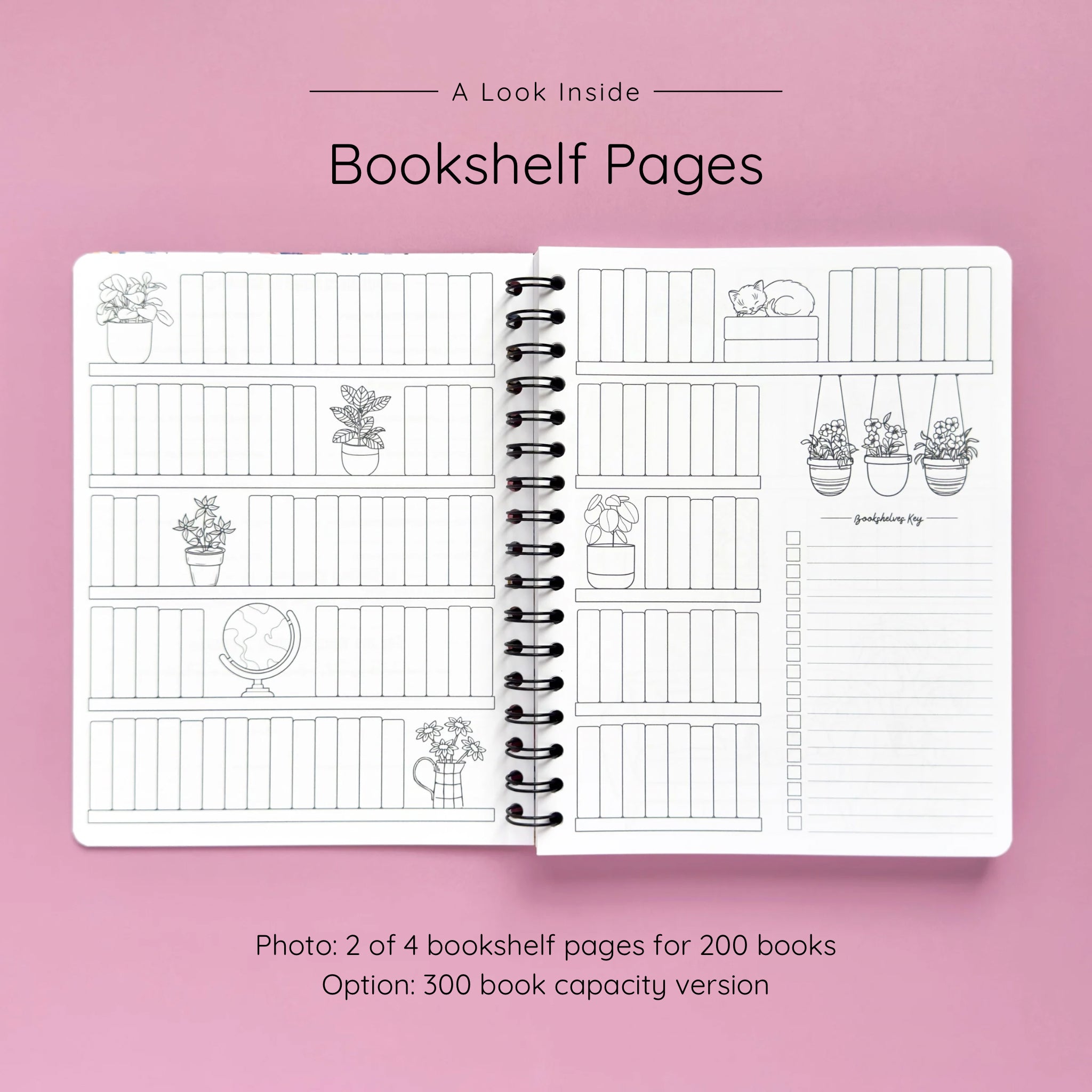 Open spiral-bound softcover reading journal notebook showing bookshelf pages design on a lavender background