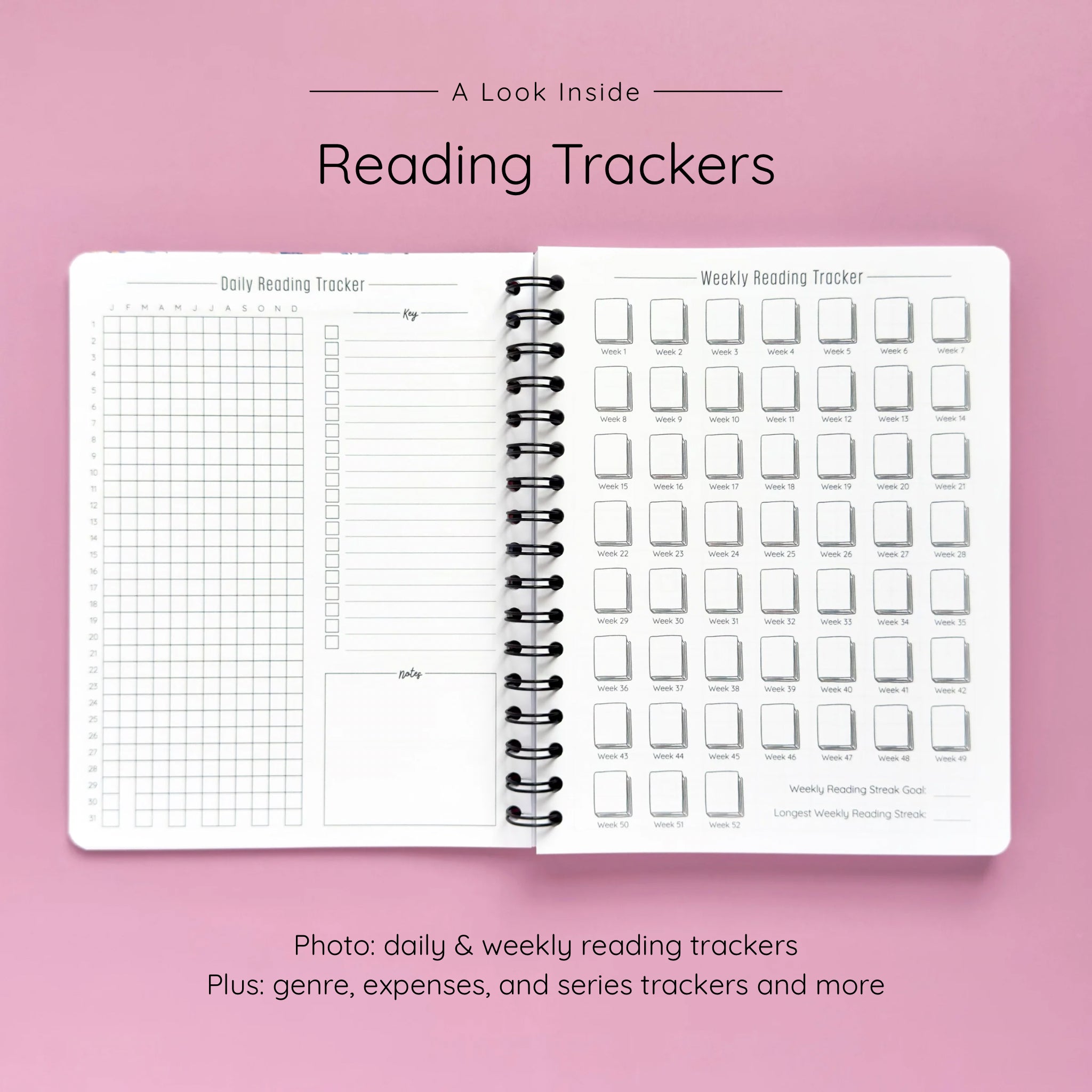 Open spiral-bound softcover reading journal notebook showing daily and weekly reading trackers on a lavender background