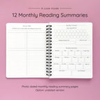 Open spiral-bound softcover reading journal notebook showing monthly reading summary pages on a lavender background