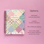 Spiral-bound softcover reading journal notebook with floral patchwork cover design and variant option details on a lavender background