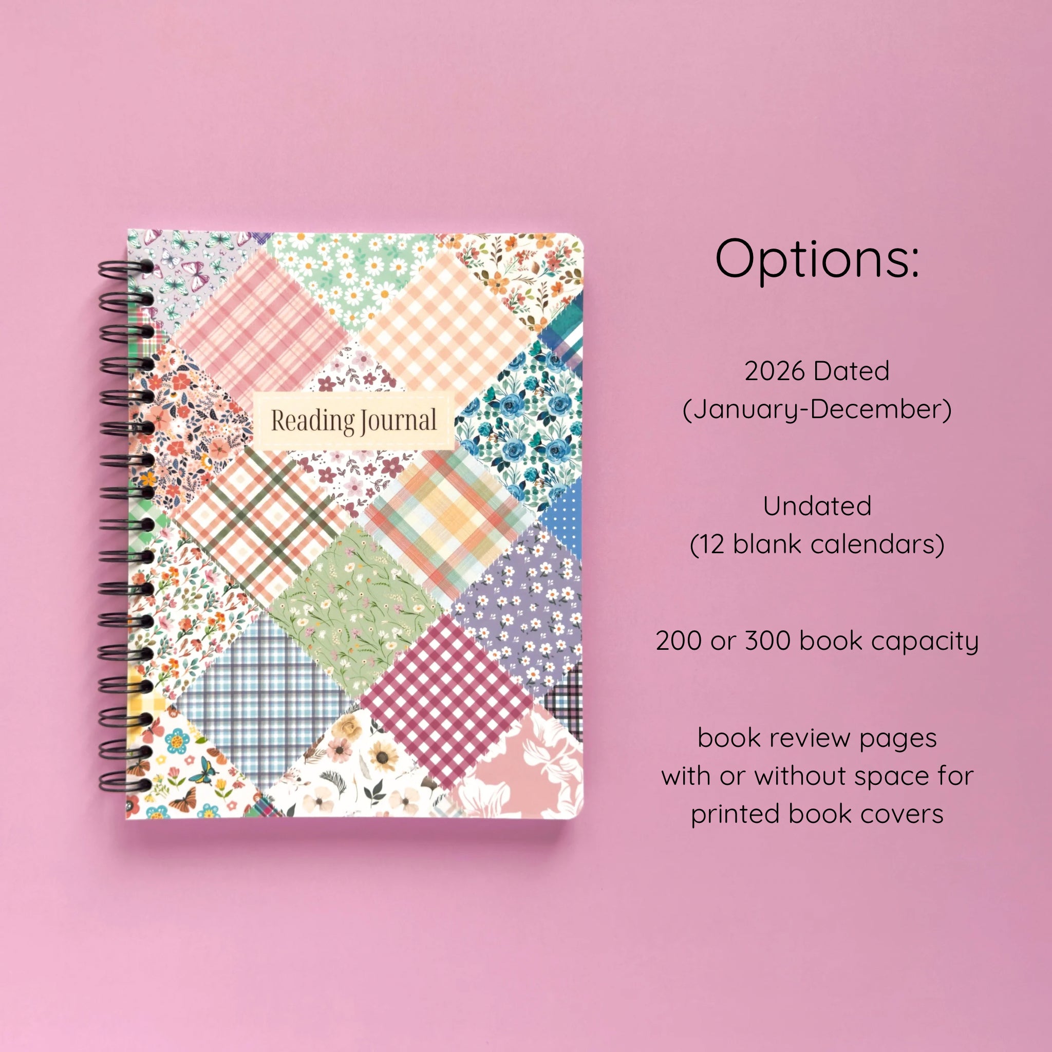 Spiral-bound softcover reading journal notebook with floral patchwork cover design and variant option details on a lavender background
