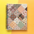 Spiral-bound hardcover lined notebook with autumn patchwork cover design on a yellow and orange background