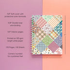 Spiral-bound softcover lined notebook with floral patchwork cover design on a lavender and peach background, featuring details and dimensions