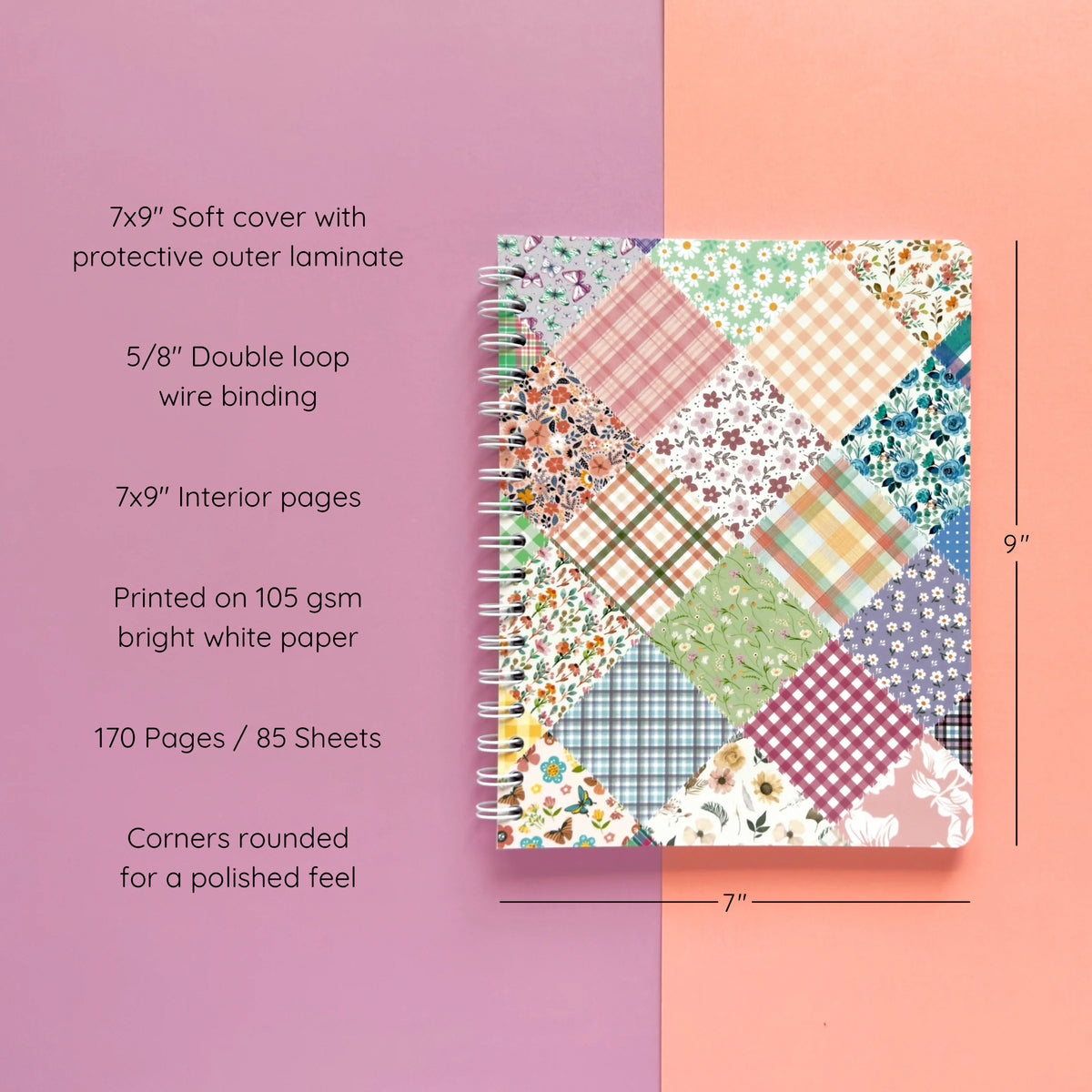 Spiral-bound softcover lined notebook with floral patchwork cover design on a lavender and peach background, featuring details and dimensions