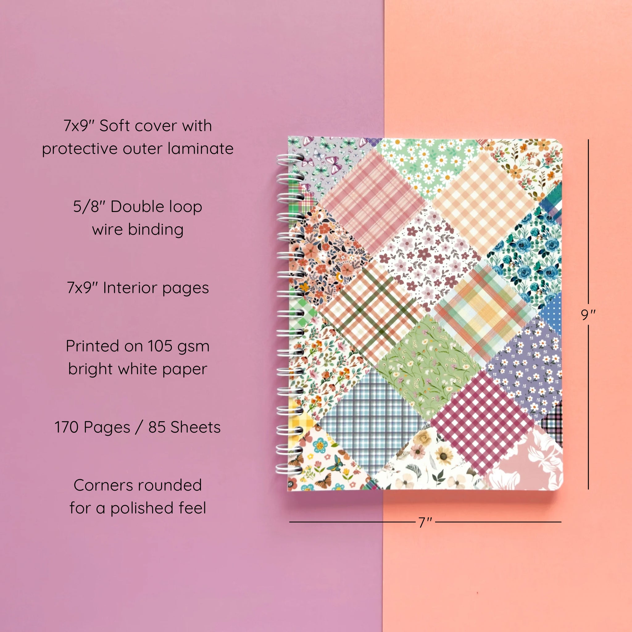 Spiral-bound softcover lined notebook with floral patchwork cover design on a lavender and peach background, featuring details and dimensions