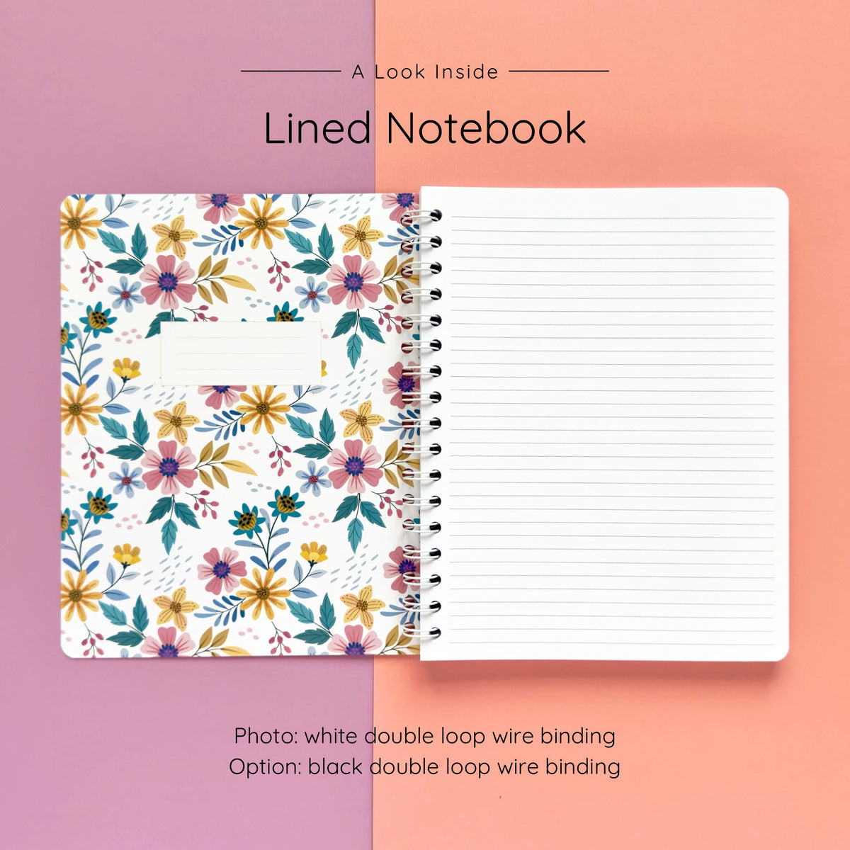 Open spiral-bound softcover lined notebook showing lined notes pages on a lavender and peach background, featuring white wire binding