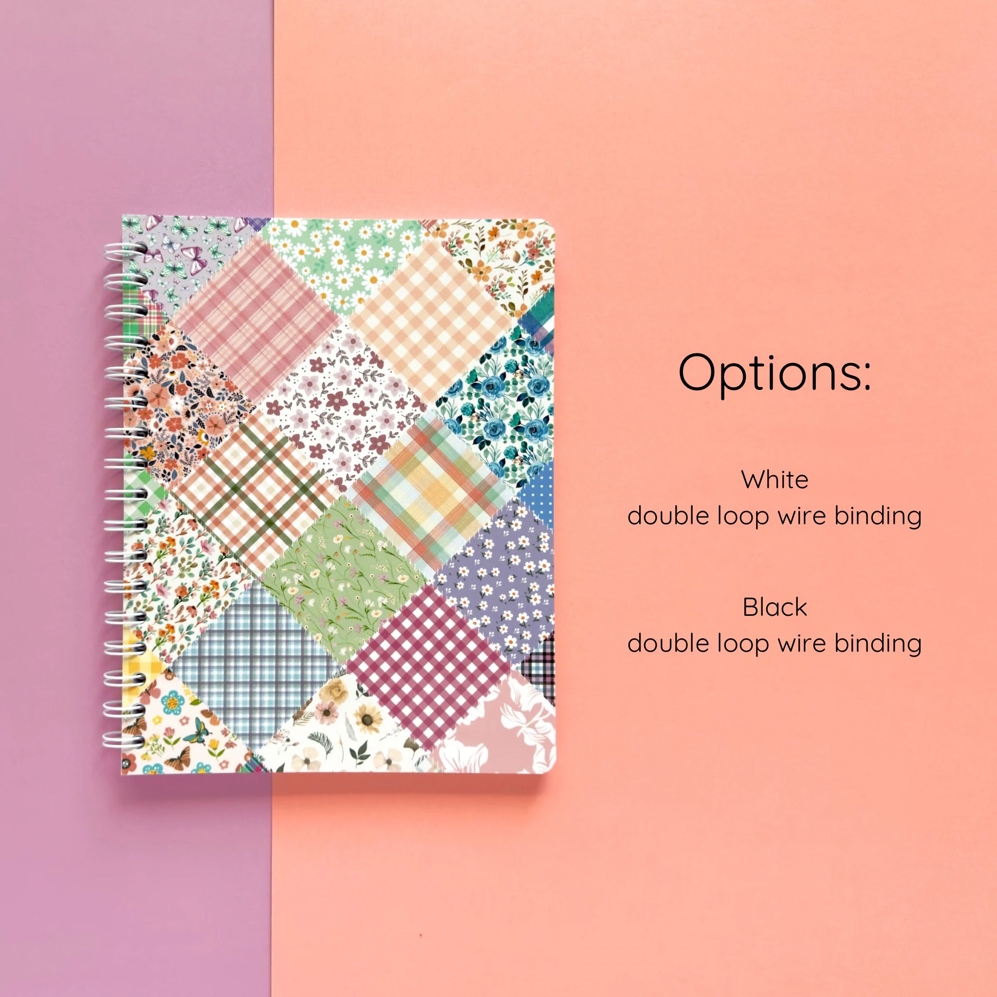 Spiral-bound softcover lined notebook with floral patchwork cover design and binding color option details on a lavender and peach background