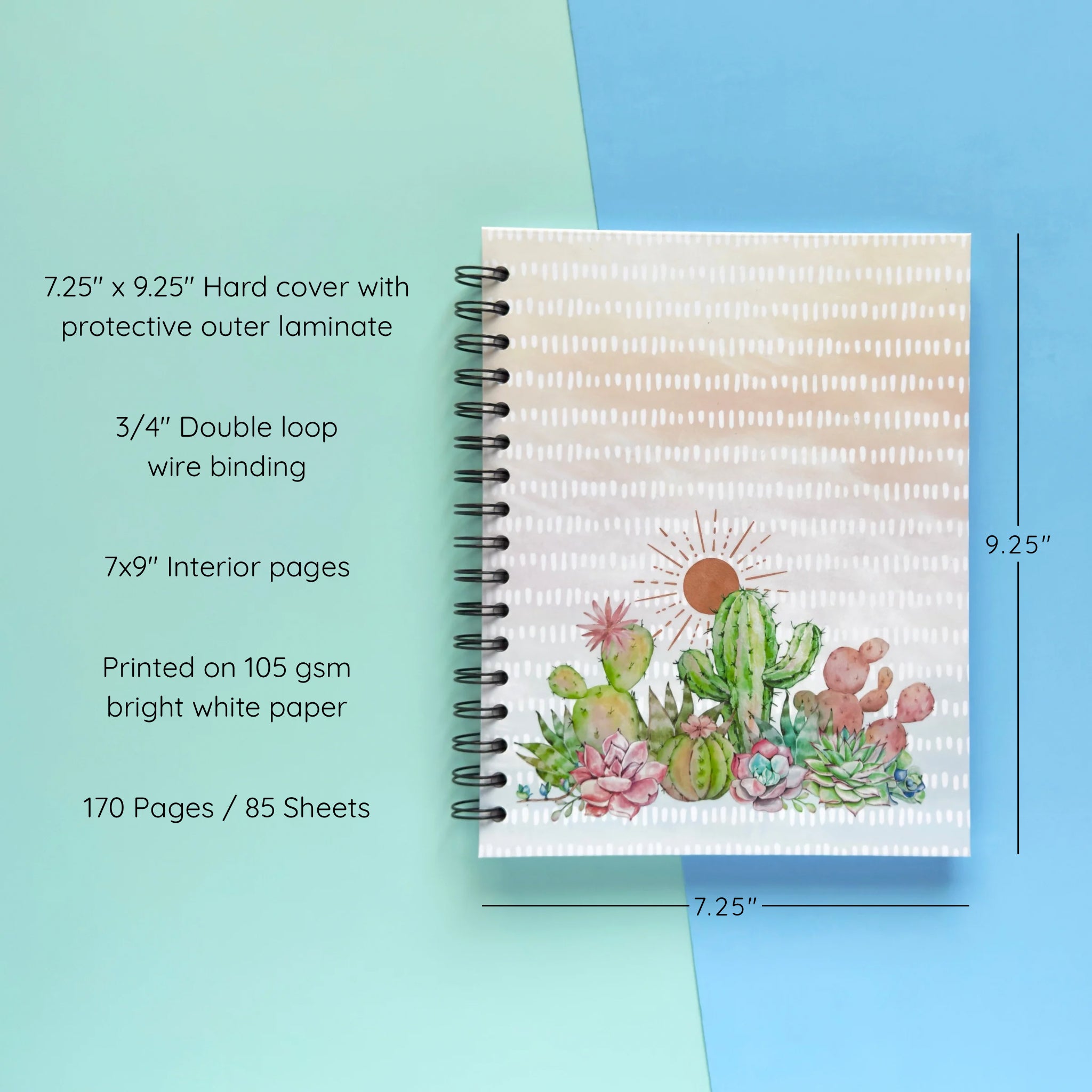 Spiral-bound hardcover lined notebook with cactus and succulent cover design on a teal and blue background, featuring details and dimensions