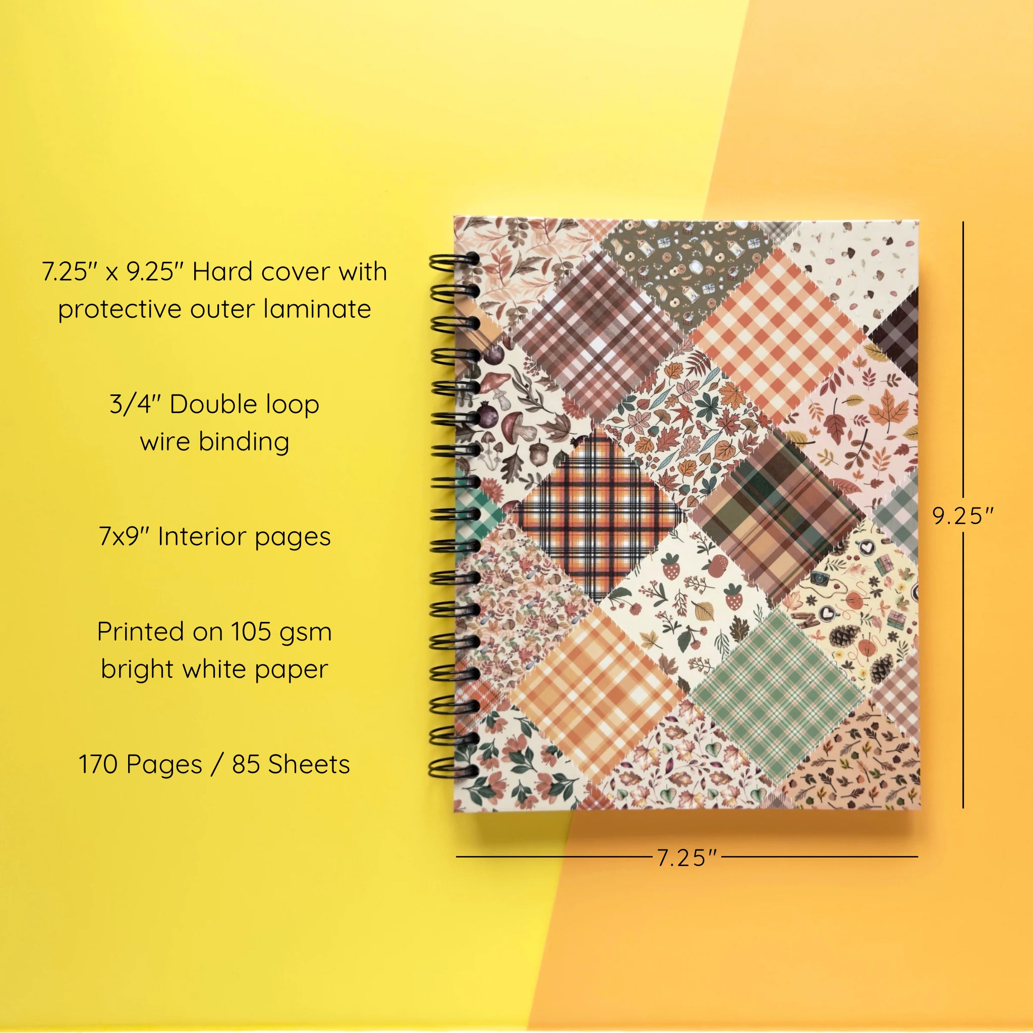 Spiral-bound hardcover lined notebook with autumn patchwork cover design on a yellow and orange background, featuring details and dimensions