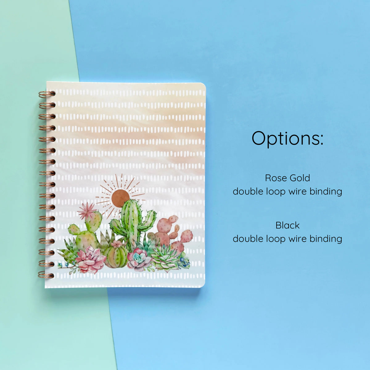 Spiral-bound softcover lined notebook with cactus and succulent cover design and binding color option details on a teal and blue background