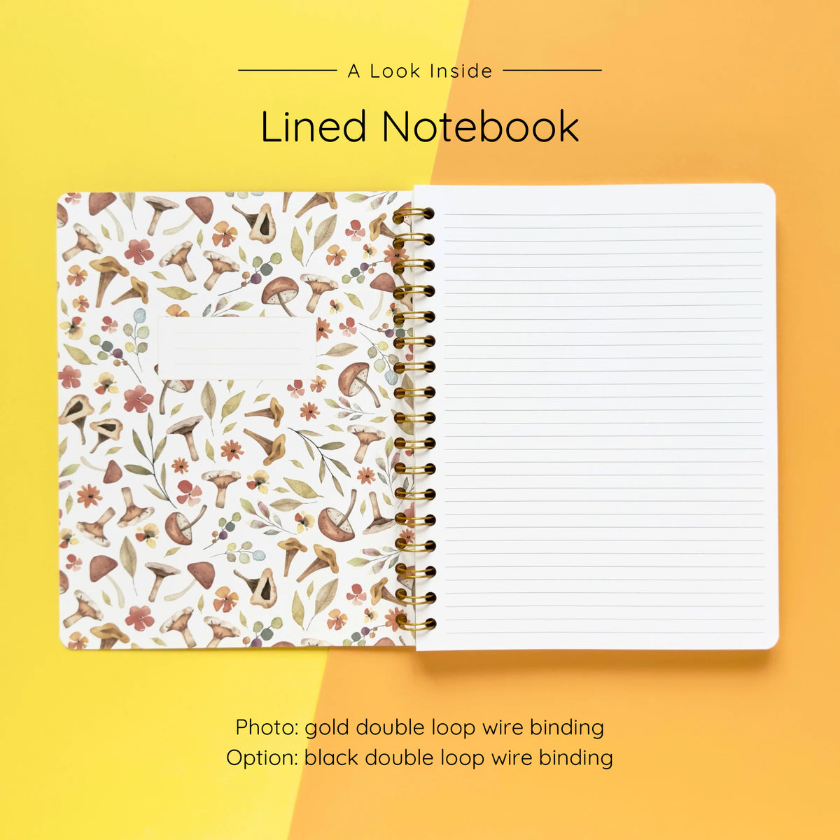 Open spiral-bound softcover lined notebook showing lined notes pages on a yellow and orange background, featuring gold wire binding