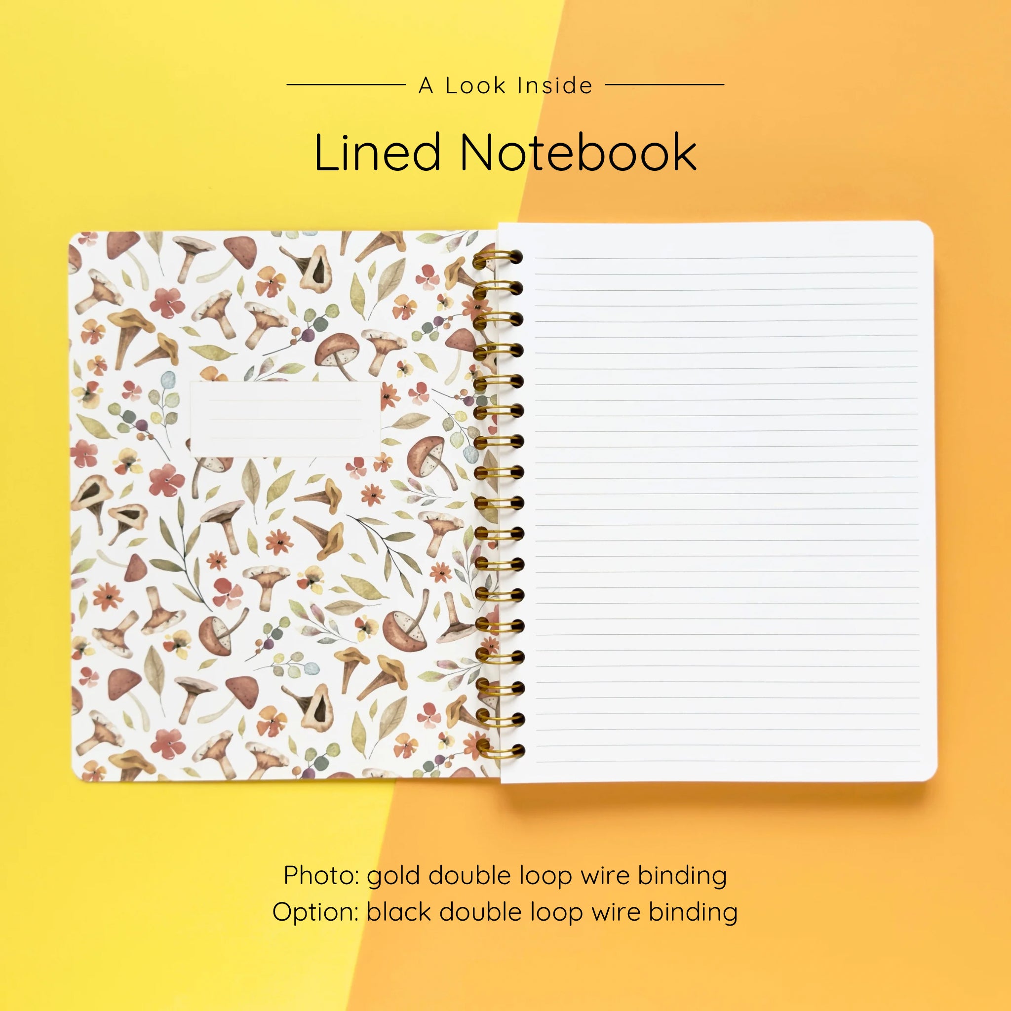 Open spiral-bound softcover lined notebook showing lined notes pages on a yellow and orange background, featuring gold wire binding