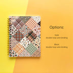 Spiral-bound softcover lined notebook with autumn patchwork cover design and binding color option details on a yellow and orange background