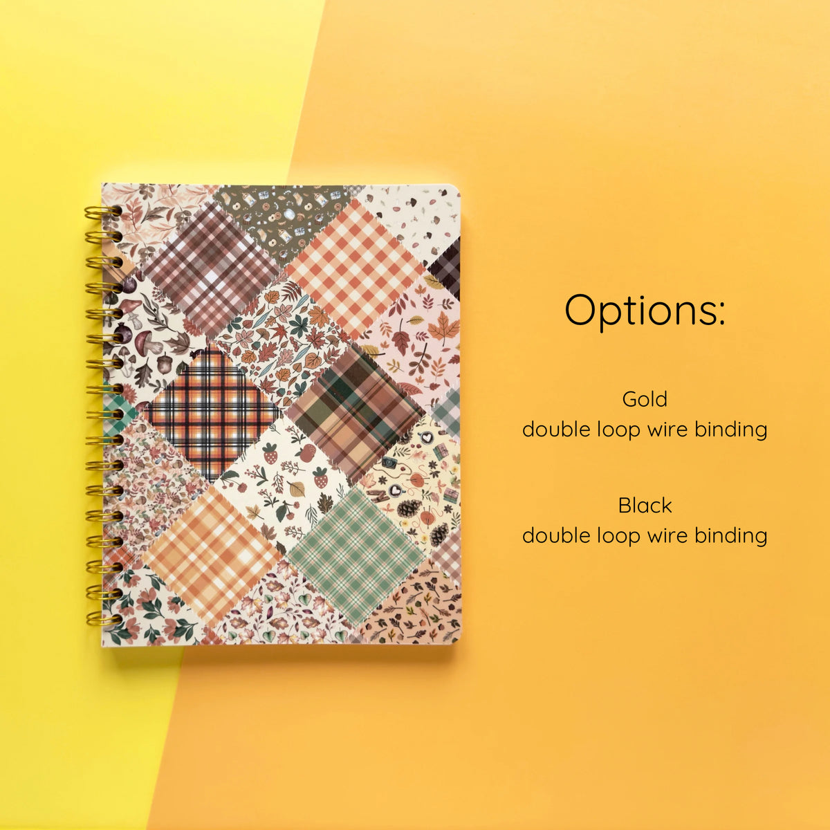 Spiral-bound softcover lined notebook with autumn patchwork cover design and binding color option details on a yellow and orange background