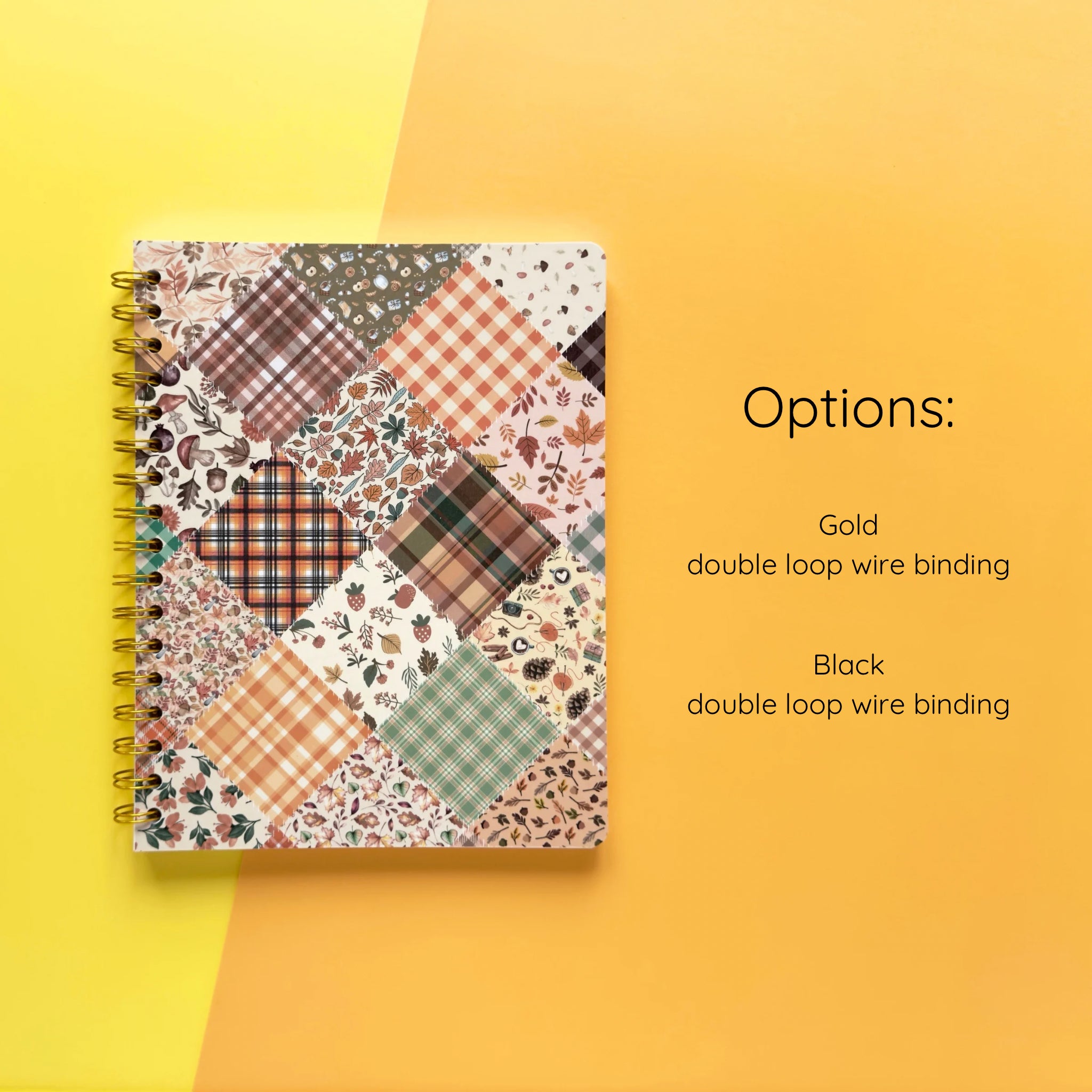 Spiral-bound softcover lined notebook with autumn patchwork cover design and binding color option details on a yellow and orange background
