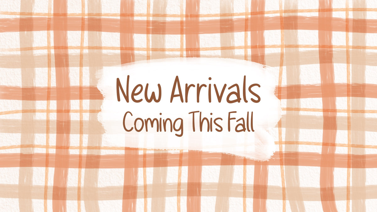 A promotional graphic with a peach and cream plaid pattern background and a central white label that reads 'New Arrivals Coming This Fall' in brown text.